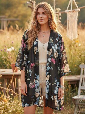 Helena Quinn One Size Kimono Top‎ Coverup Black Floral Whimsigoth Romantic Boho